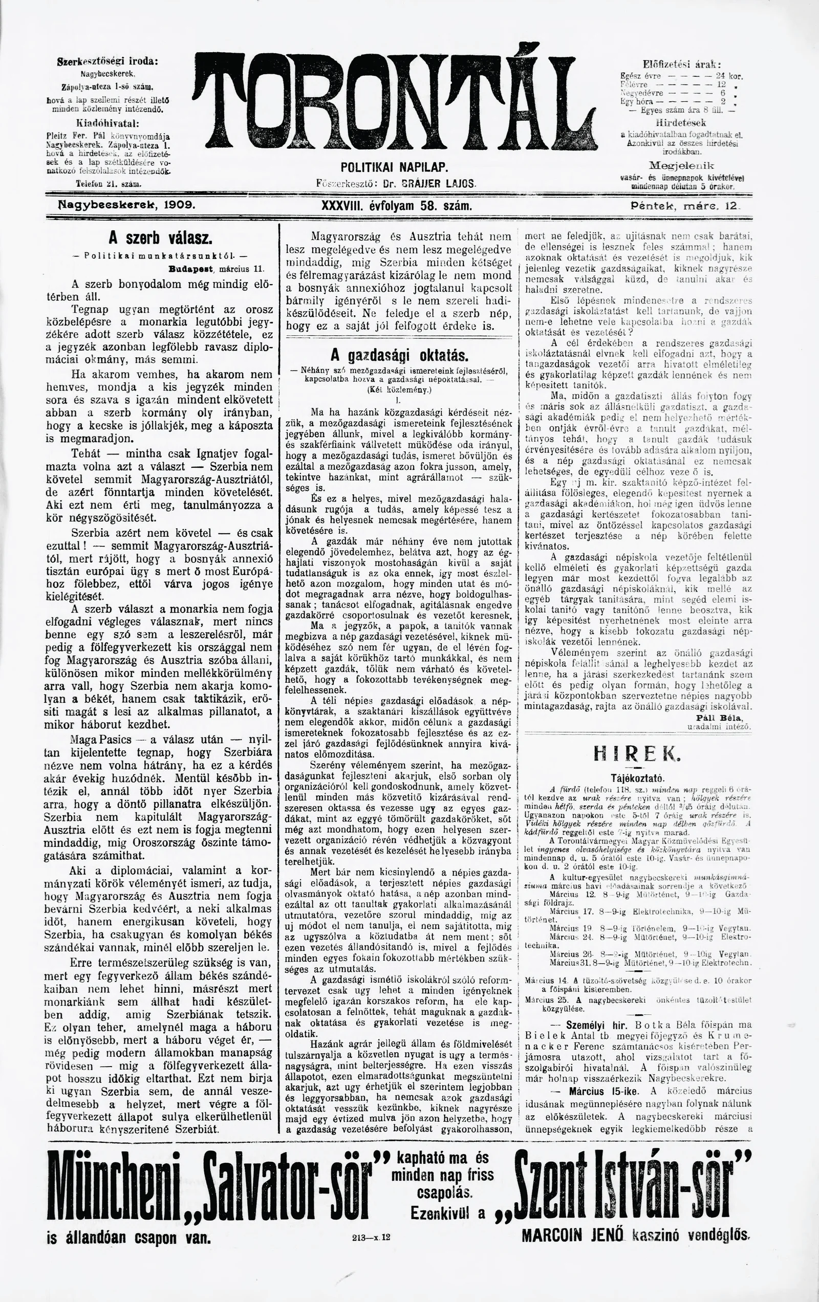 Torontál, 38. évf. 1909. március 12. 58. sz.
