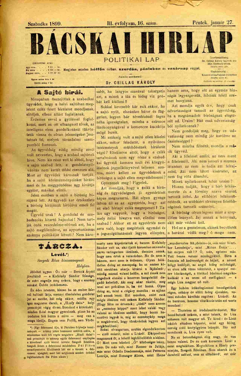 Bácskai Hirlap, 3. évf. 1899. január 27. 16. sz.