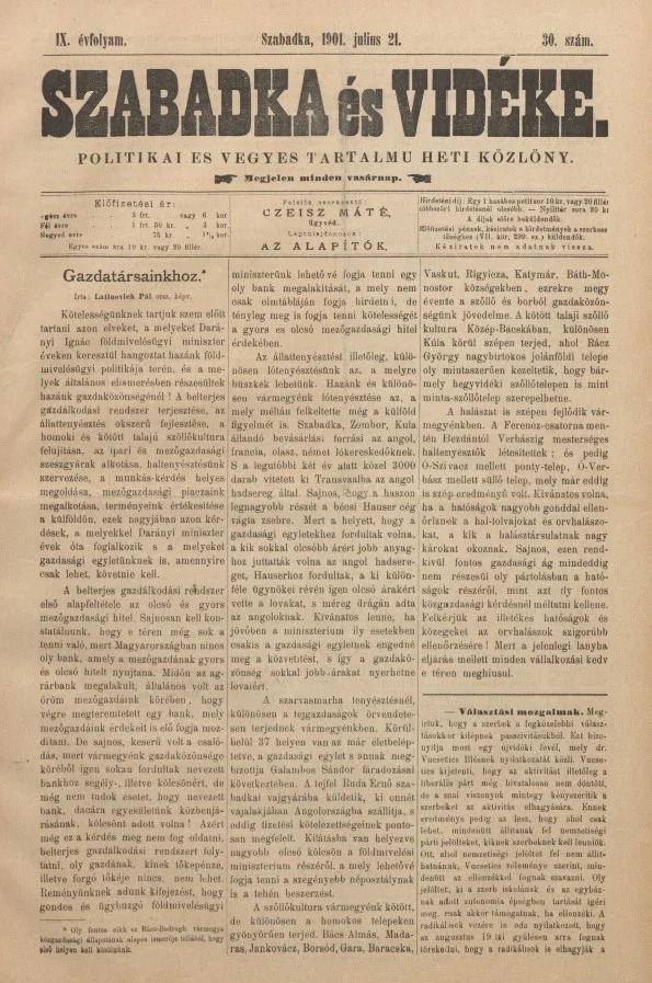 Szabadka és vidéke II, 9. évf. 1901. július 21. 30. sz.