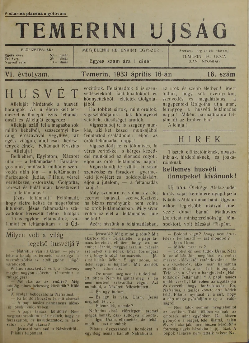 Temerini Újság 1928-1944, 6. évf. 1933. április 16. 16. sz.
