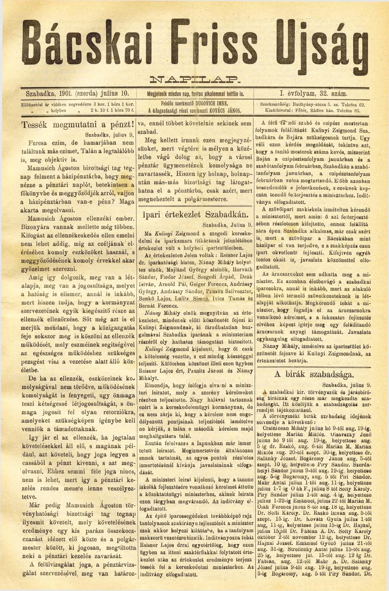 Bácskai Friss Ujság, 1. évf. 1901. július 10. 32. sz.