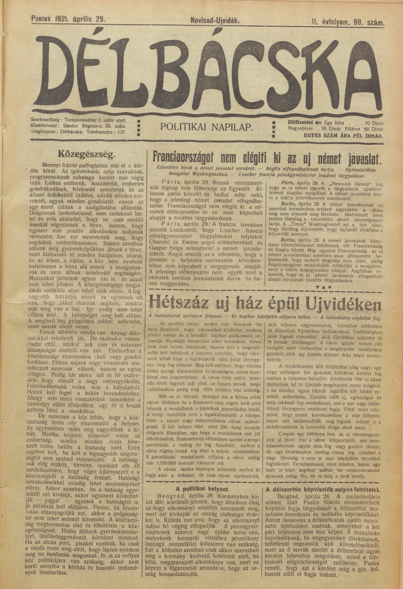 Délbácska, 2. évf. 1921. április 29. 98. sz.