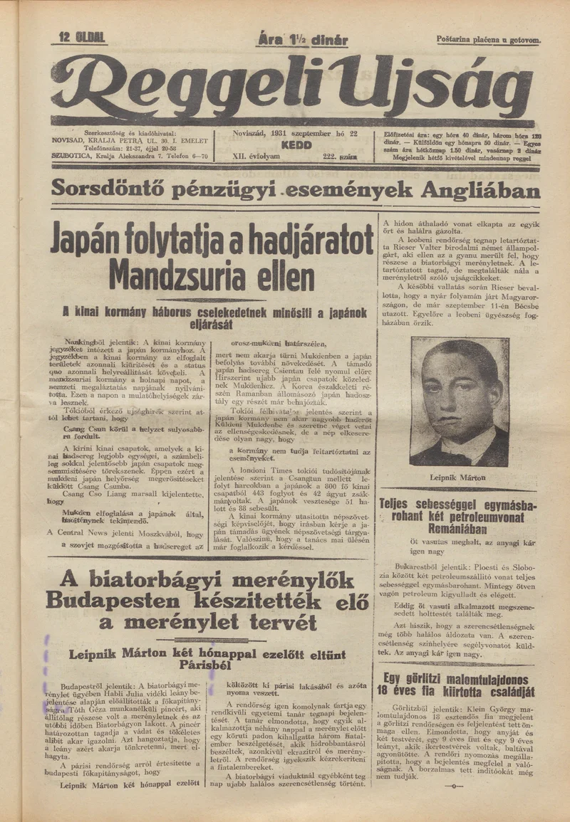 Reggeli Újság, 12. évf. 1931. szeptember 22. 222. sz.