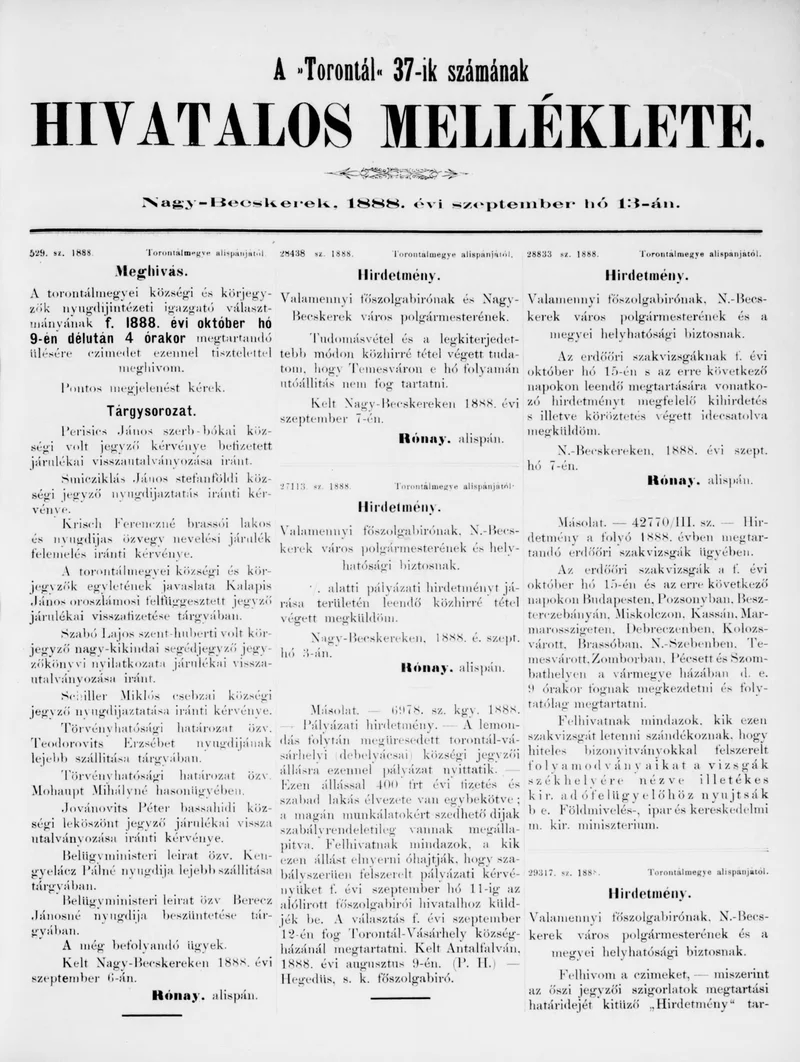 A Totontál  hivatalos melléklete, 1. évf. 1888. szeptember 13. 37. sz.
