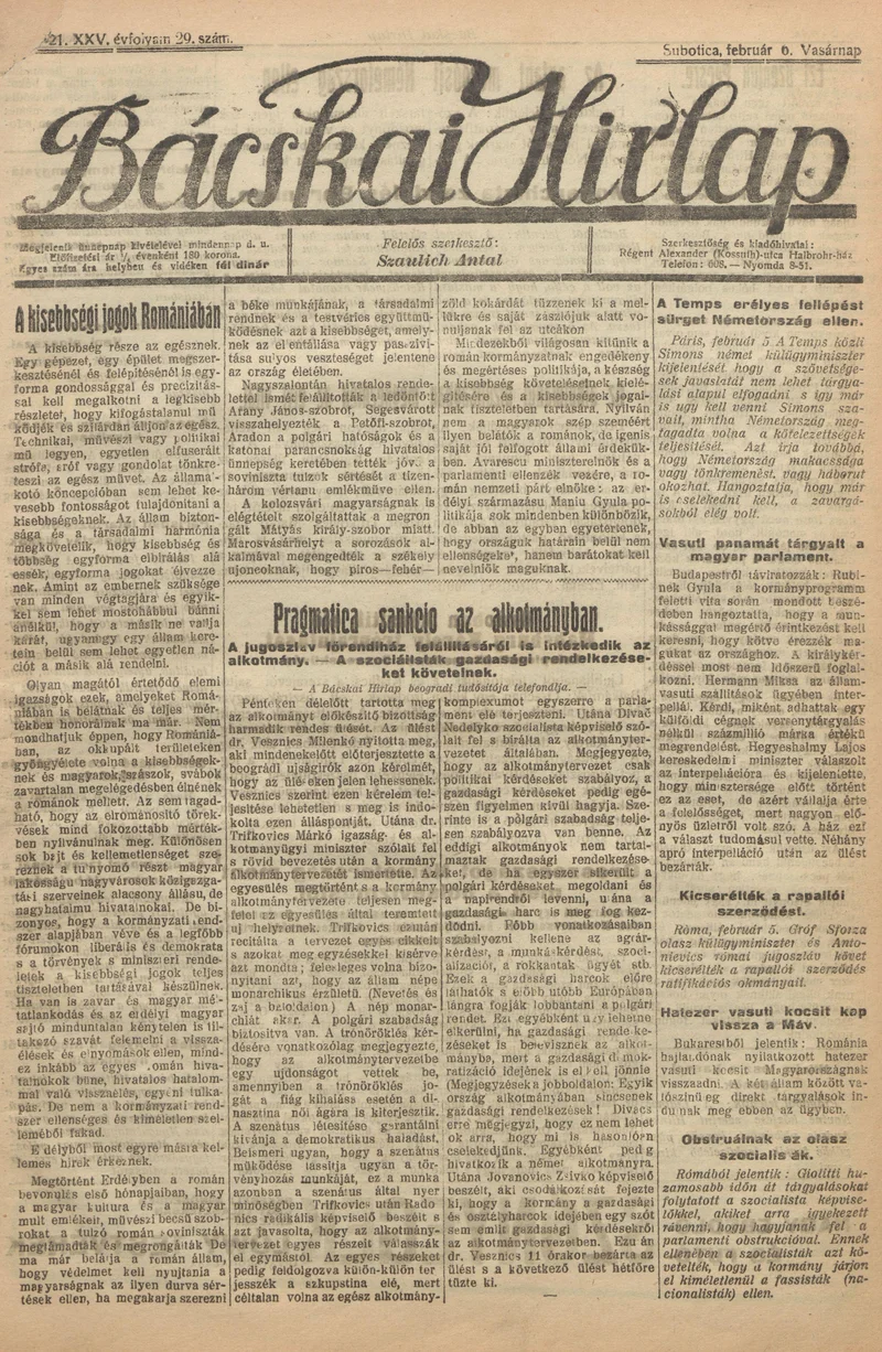 Bácskai Hirlap, 25. évf. 1921. február 6. 29. sz.