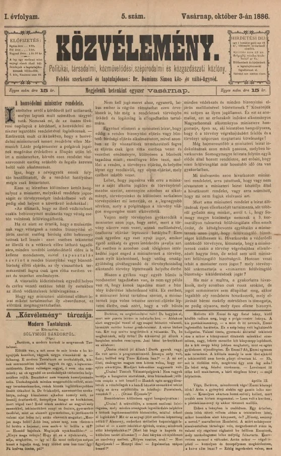 Közvélemény, 1. évf. 1886. október 3. 5. sz.