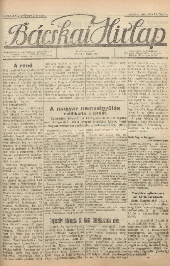 Bácskai Hirlap, 24. évf. 1920. november 17. 200. sz.