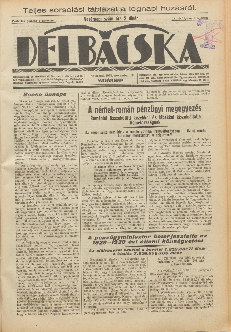 Délbácska, 9. évf. 1928. november 18. 270. sz.