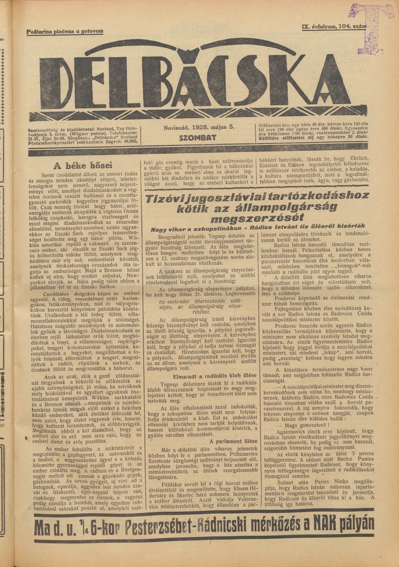 Délbácska, 9. évf. 1928. május 5. 104. sz.