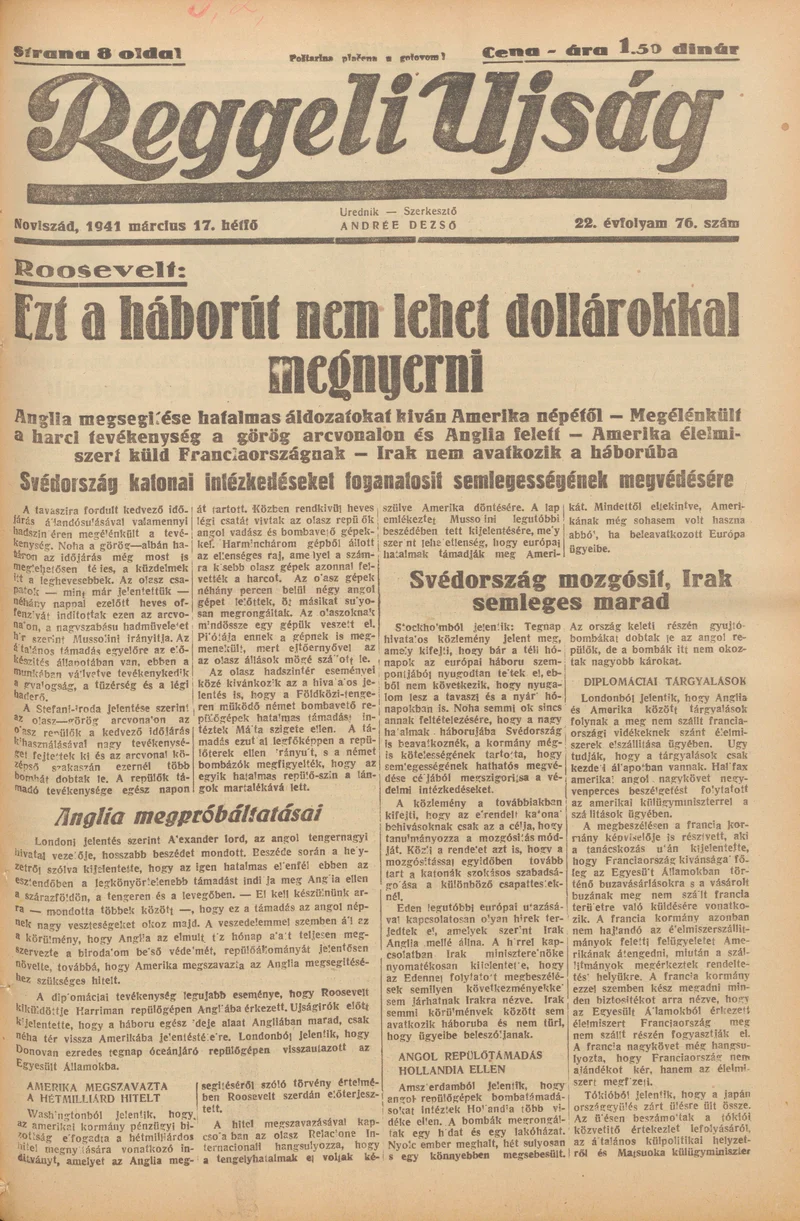 Reggeli Újság, 22. évf. 1941. március 17. 76. sz.