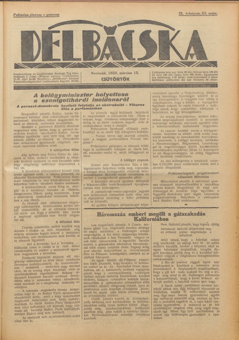 Délbácska, 9. évf. 1928. március 15. 63. sz.
