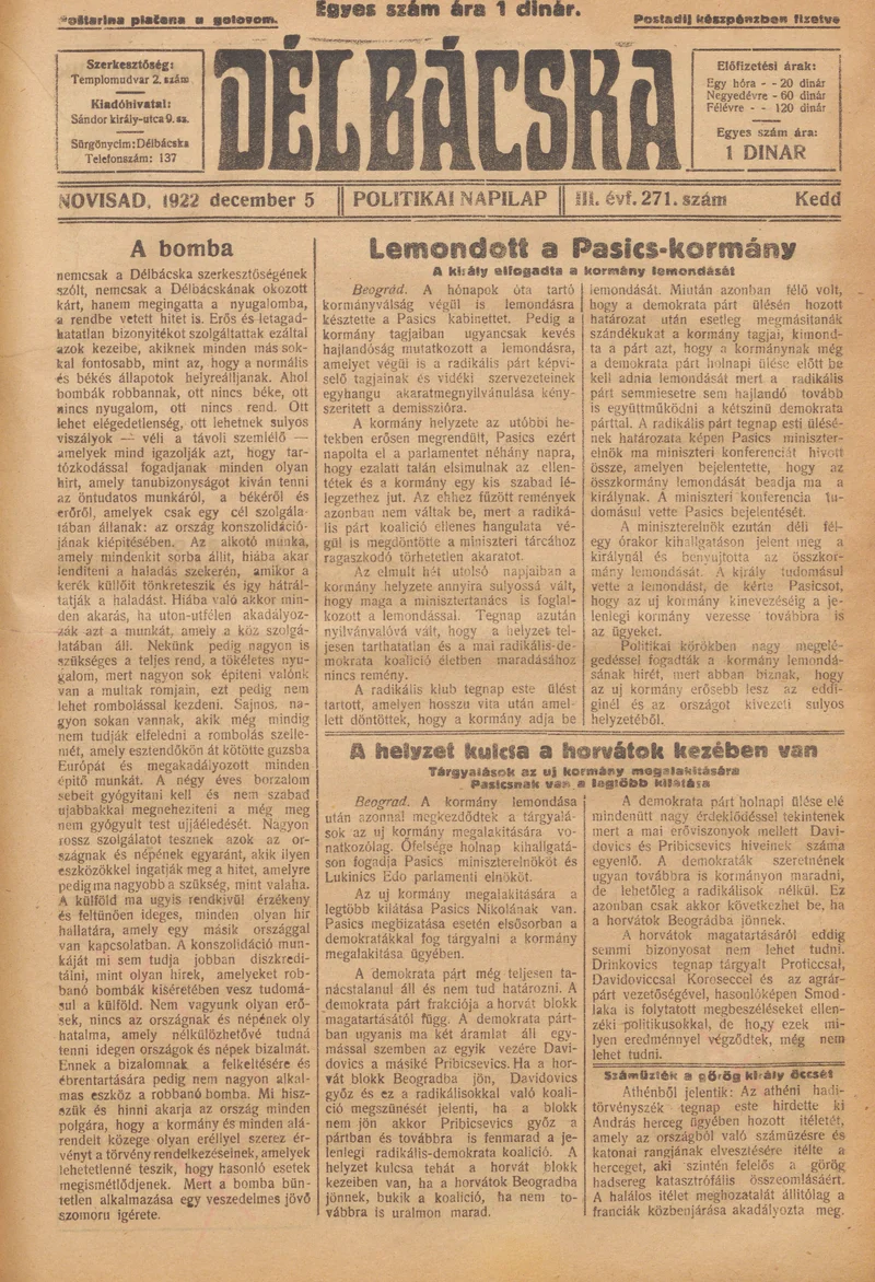 Délbácska, 3. évf. 1922. december 5. 271. sz.