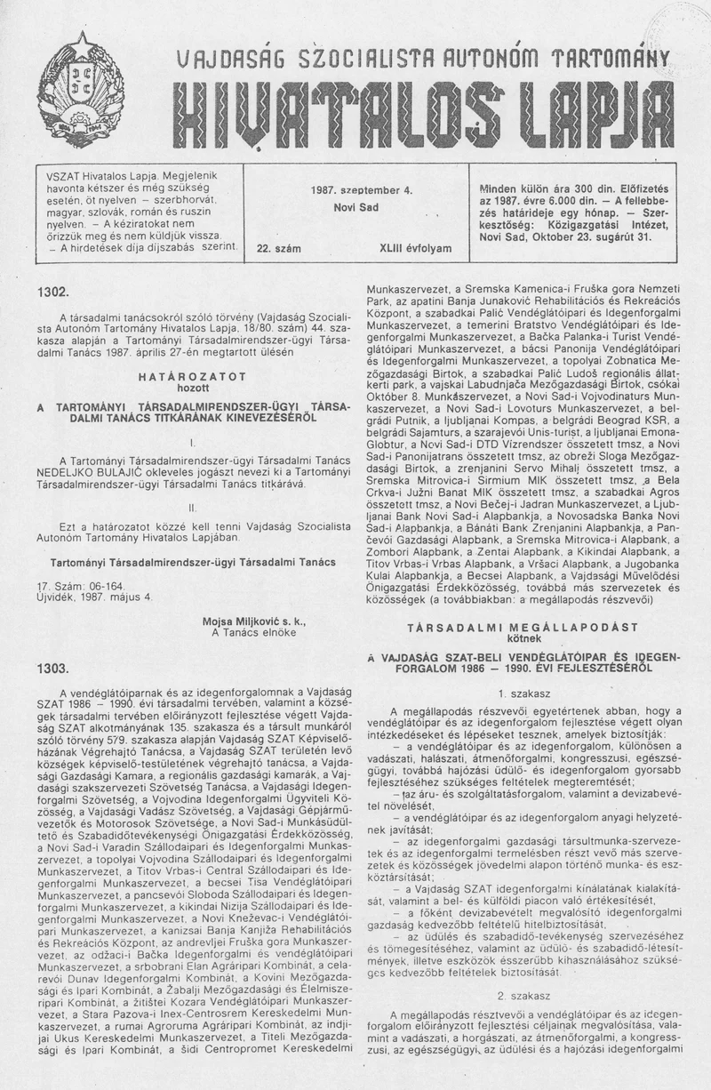 Vajdaság Szocialista Autonóm Tartomány Hivatalos Lapja, 43. évf. 1987. szeptember 4. 22. sz.
