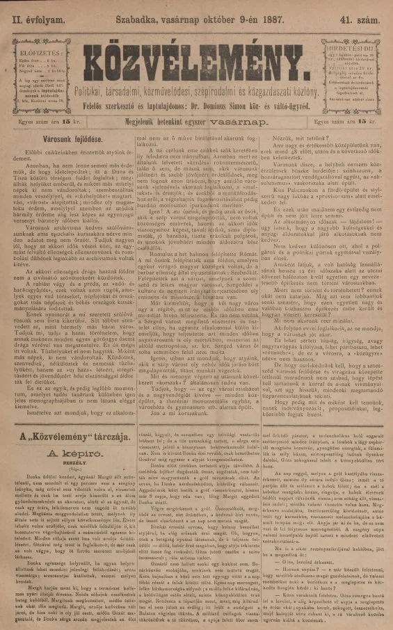 Közvélemény, 2. évf. 1887. október 9. 41. sz.