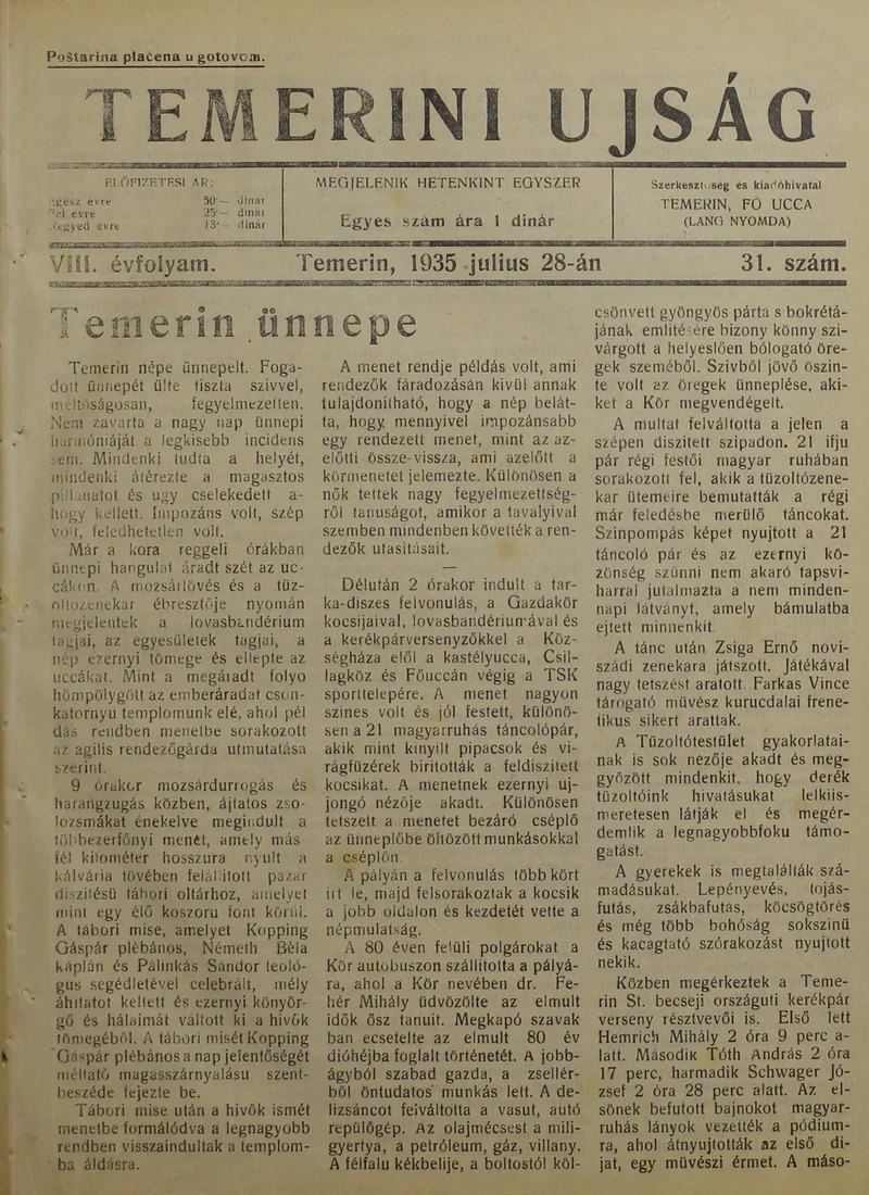 Temerini Újság 1928-1944, 8. évf. 1935. július 28. 31. sz.