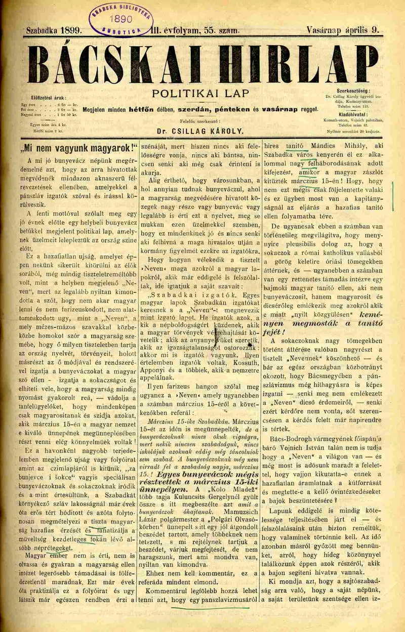 Bácskai Hirlap, 3. évf. 1899. április 9. 55. sz.