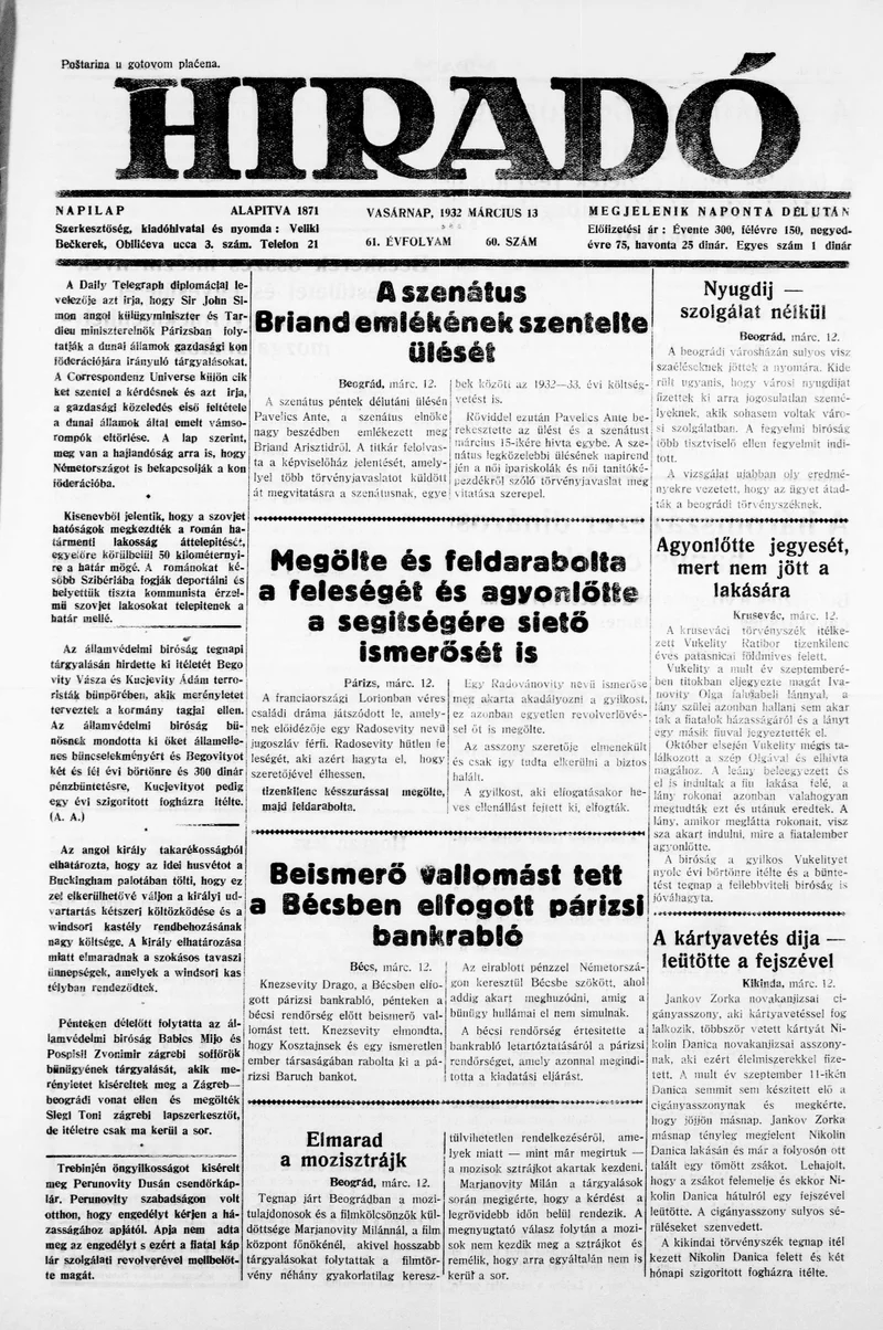 Híradó, 61. évf. 1932. március 13. 60. sz.