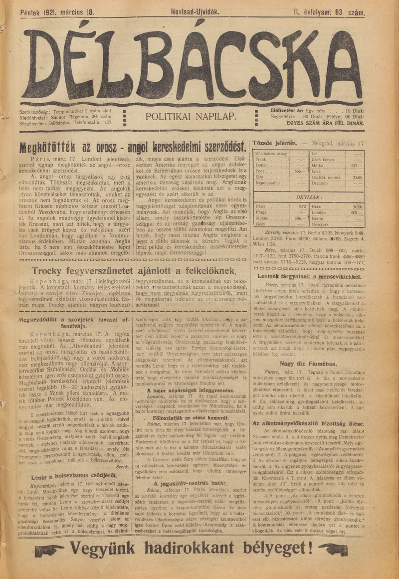 Délbácska, 2. évf. 1921. március 18. 63. sz.