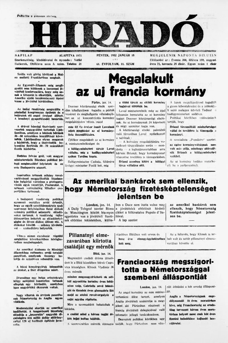 Híradó, 61. évf. 1932. január 15. 11. sz.
