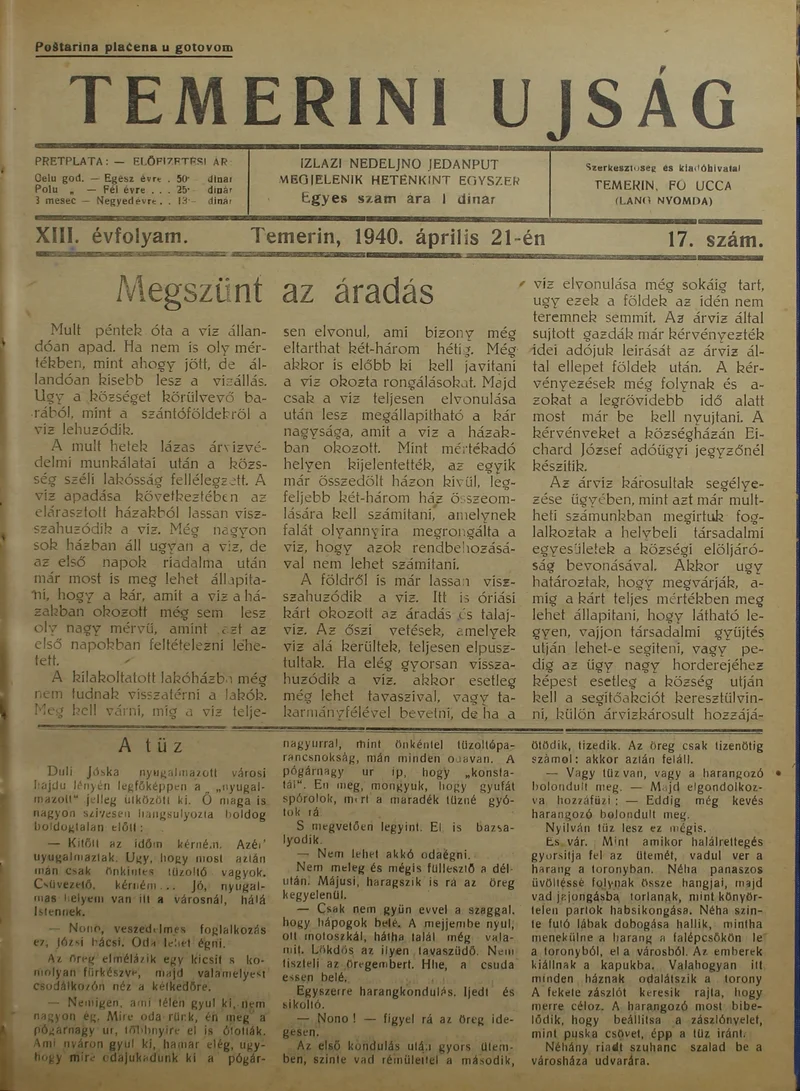 Temerini Újság 1928-1944, 13. évf. 1940. április 21. 17. sz.
