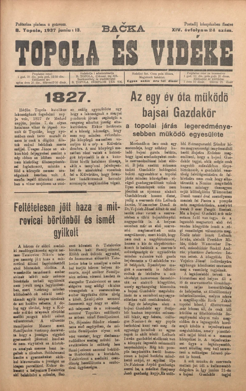 Bačka Topola és Vidéke, 14. évf. 1937. június 13. 24. sz.