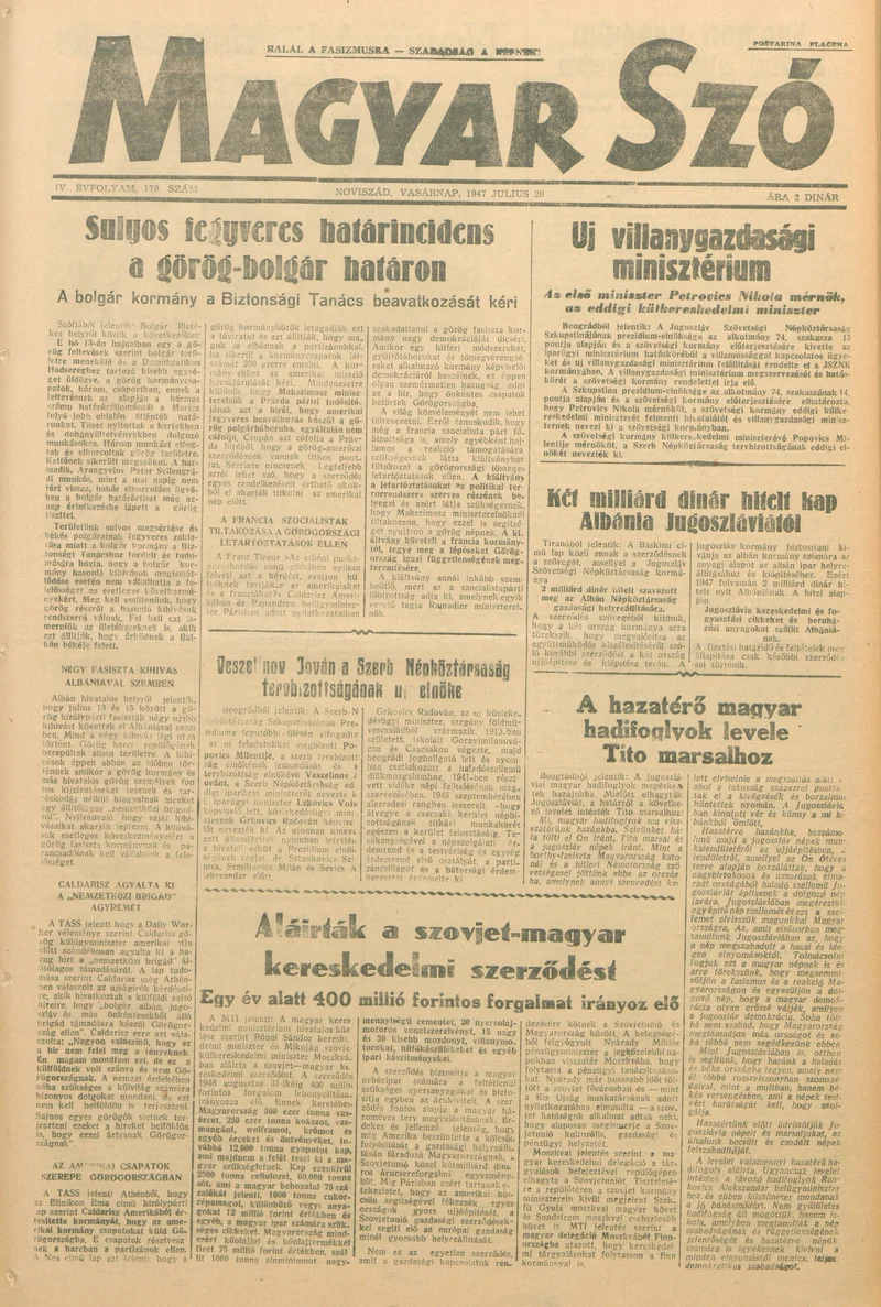 Magyar Szó, 4. évf. 1947. július 20. 179. sz. 1–8. oldal