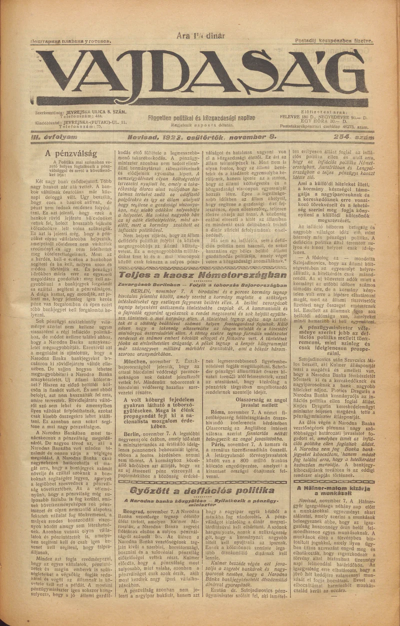 Vajdaság, 3. évf. 1923. november 8. 254. sz.