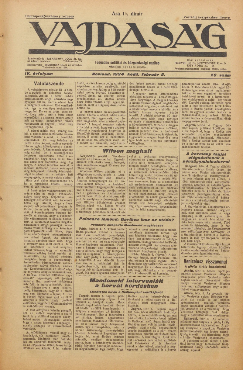 Vajdaság, 4. évf. 1924. február 5. 29. sz.