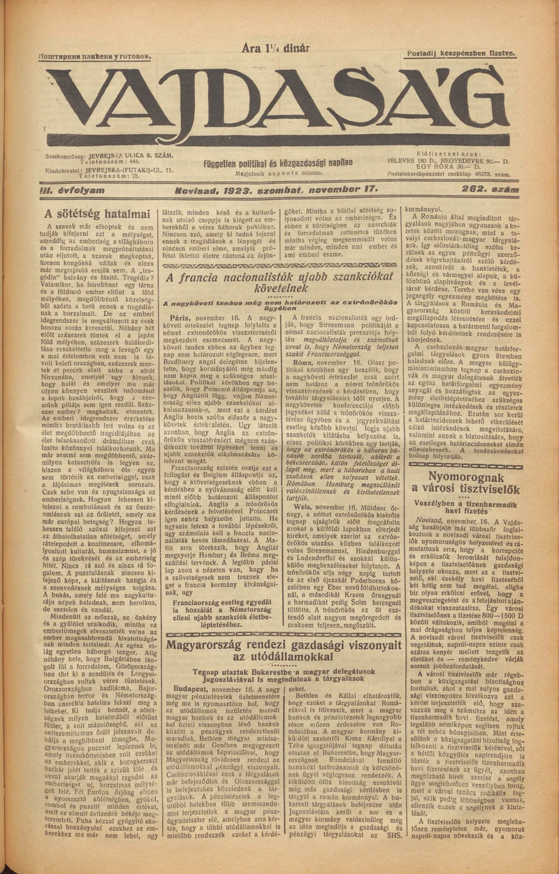Vajdaság, 3. évf. 1923. november 17. 262. sz.