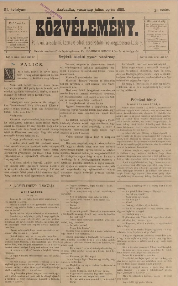 Közvélemény, 3. évf. 1888. július 29. 31. sz.