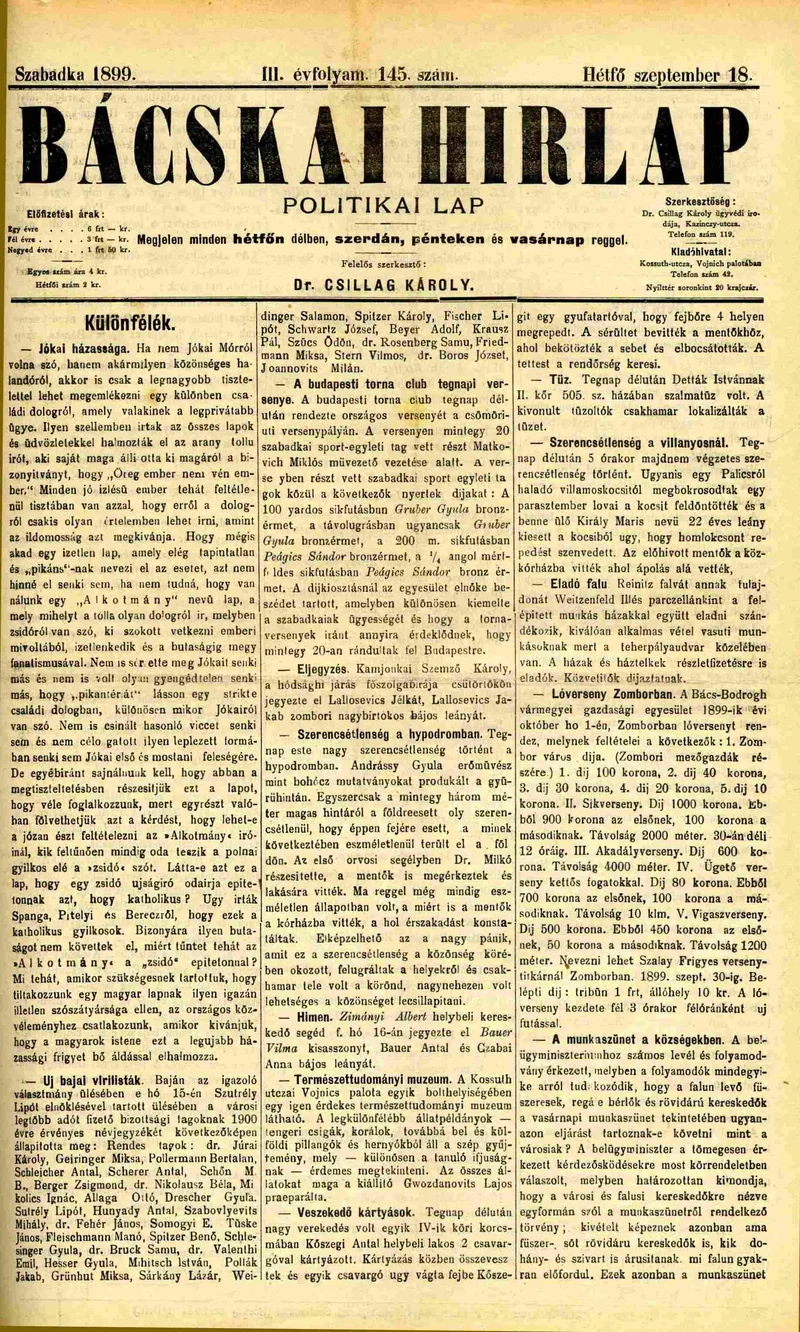 Bácskai Hirlap, 3. évf. 1899. szeptember 18. 145. sz.