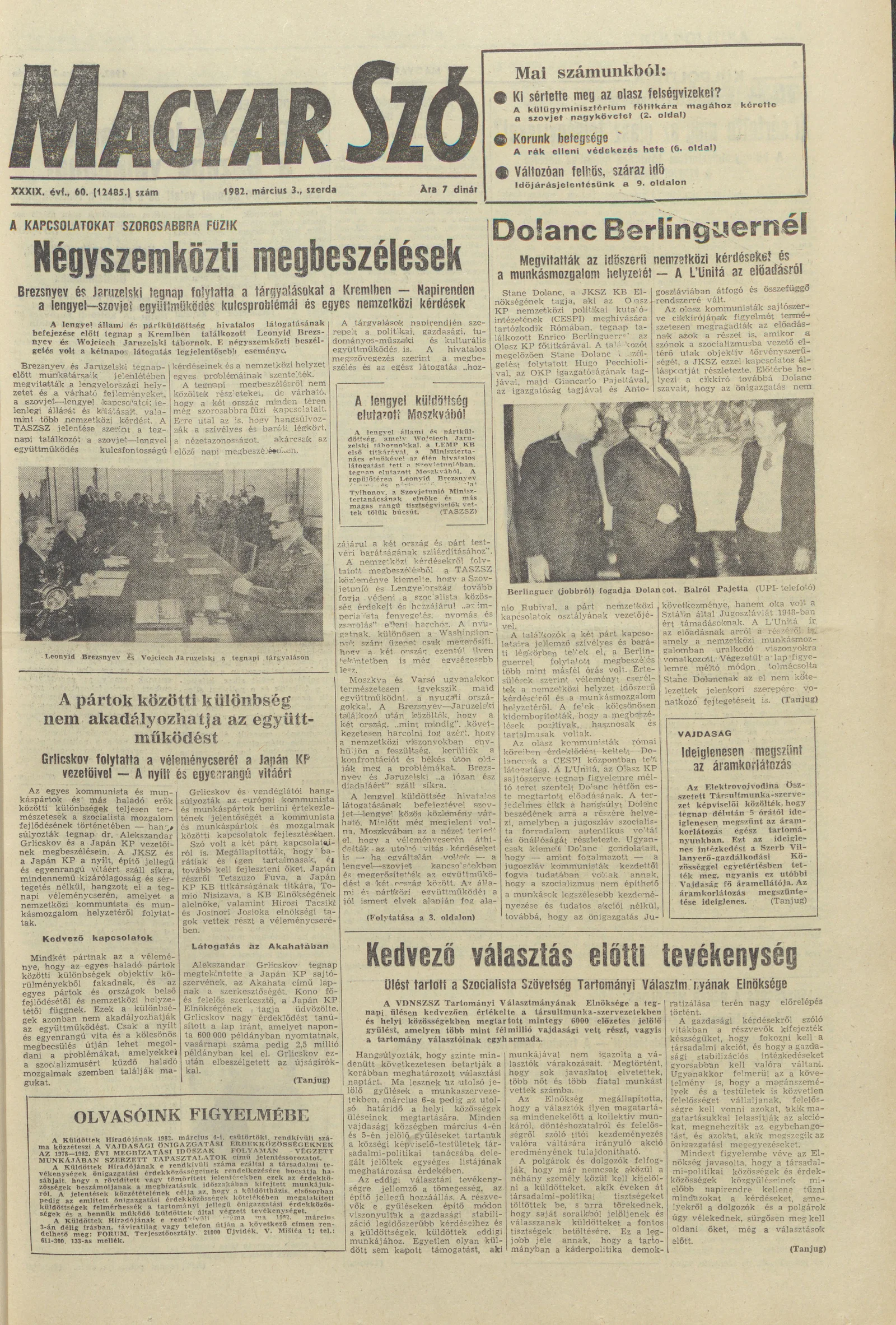 Magyar Szó, 39. évf. 1982. március 3. 60. sz. 1–20. oldal
