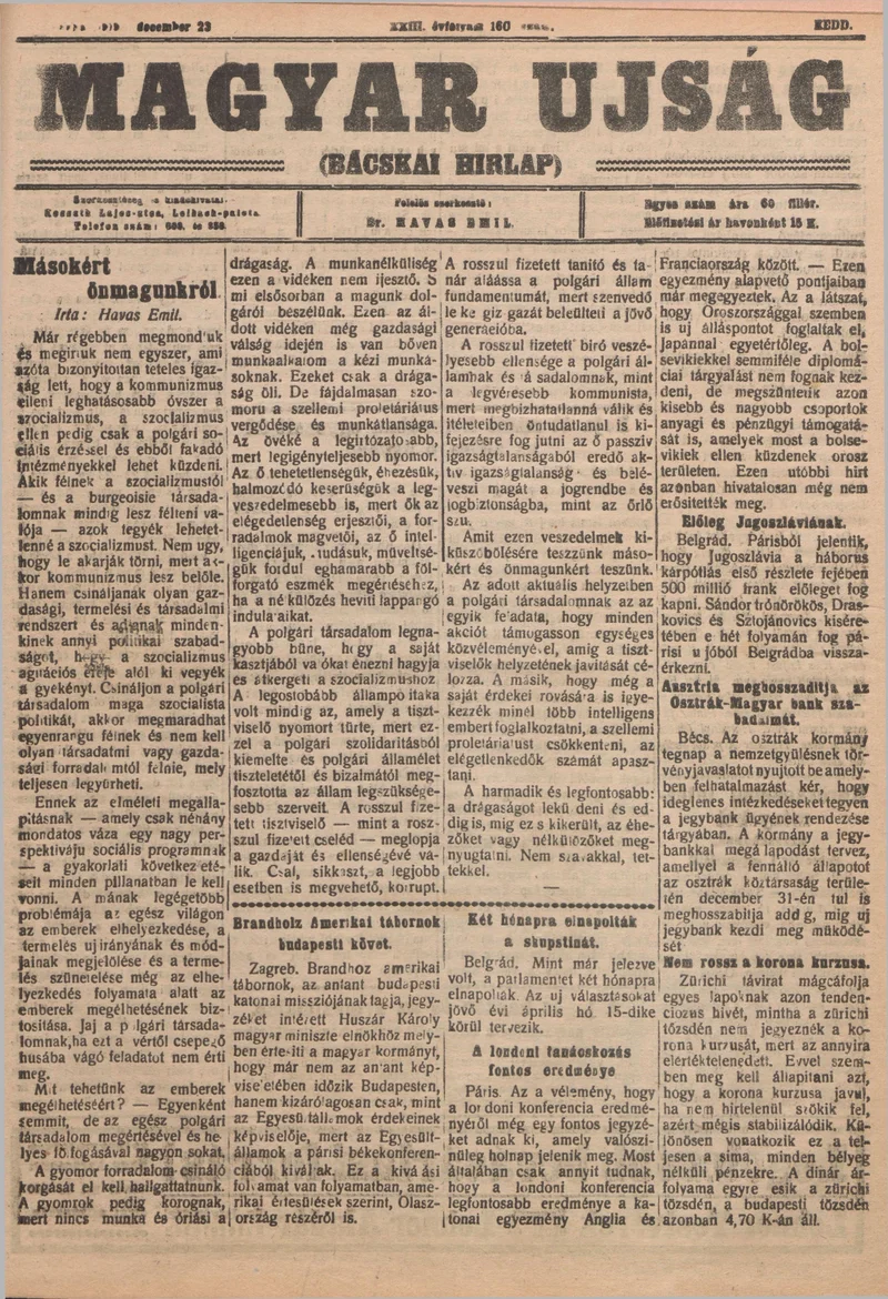 Bácskai Hirlap, 23. évf. 1919. december 23. 160. sz.