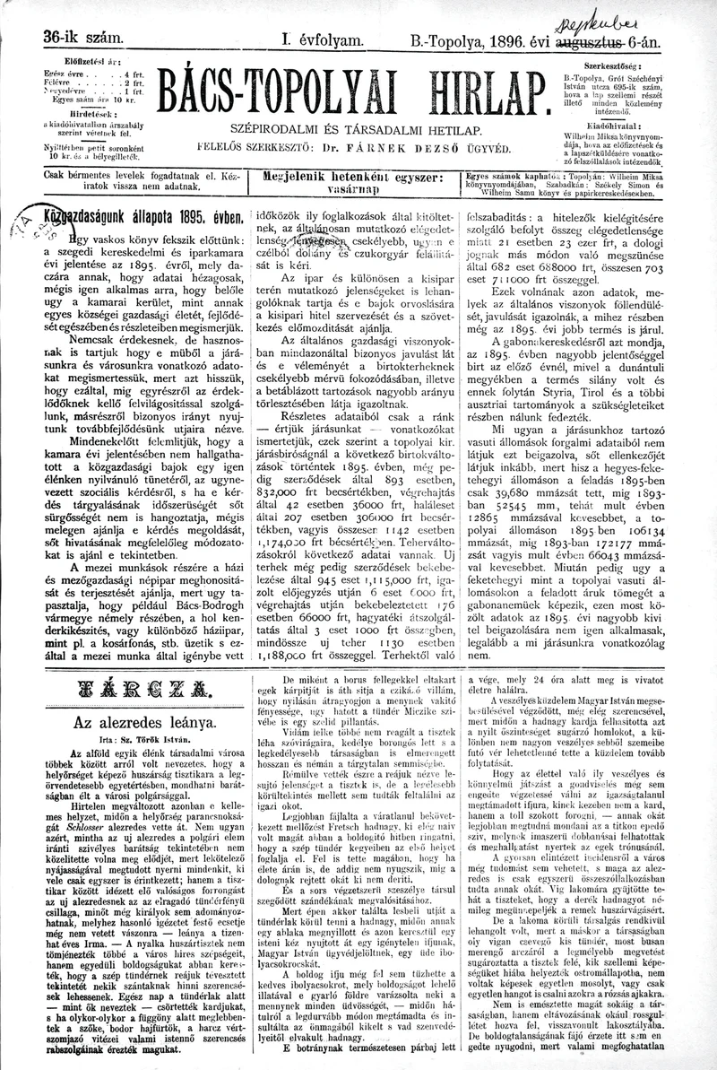 Bács-Topolyai Hirlap, 1. évf. 1896. szeptember 6. 36. sz.