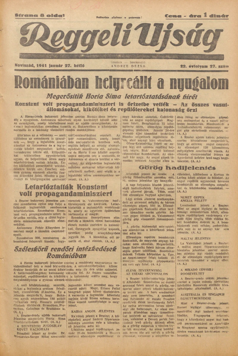 Reggeli Újság, 22. évf. 1941. január 27. 27. sz.