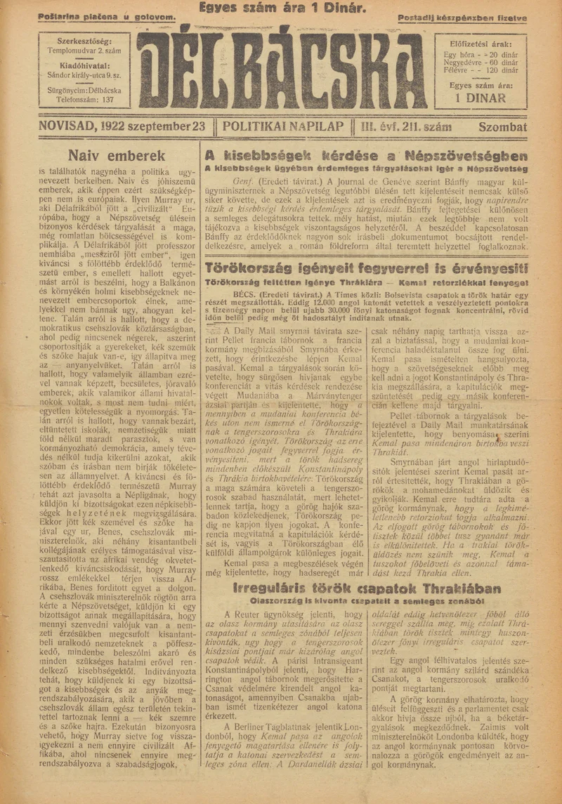 Délbácska, 3. évf. 1922. szeptember 28. 215. sz.