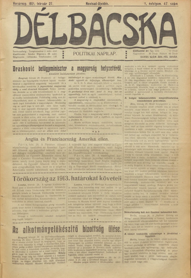 Délbácska, 2. évf. 1921. február 27. 47. sz.