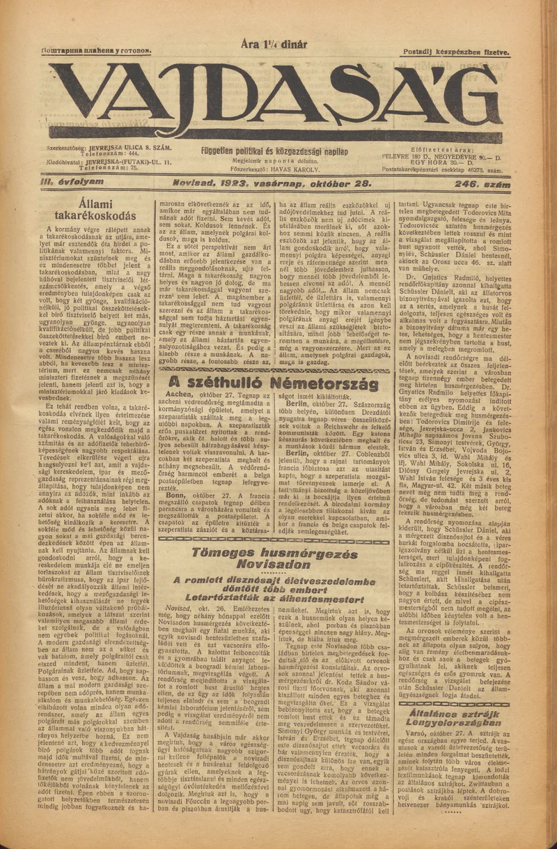 Vajdaság, 3. évf. 1923. október 28. 246. sz.