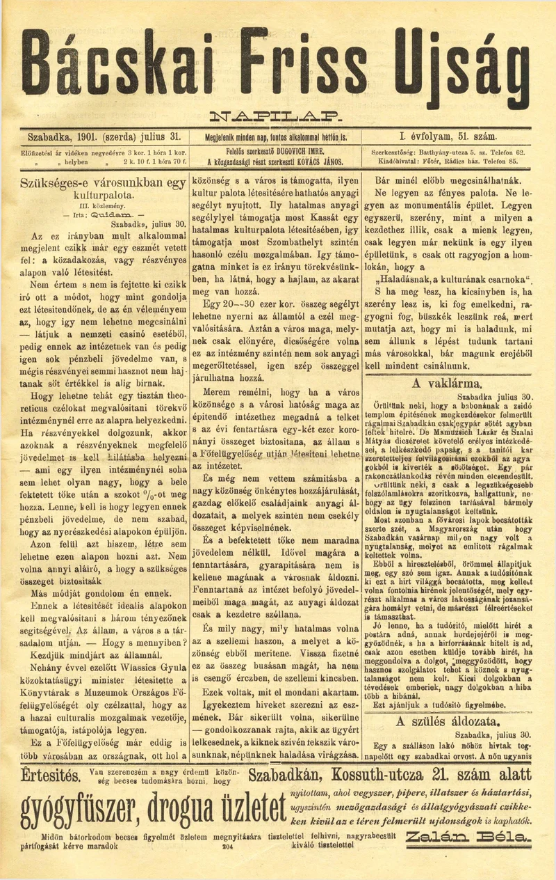 Bácskai Friss Ujság, 1. évf. 1901. július 31. 51. sz.