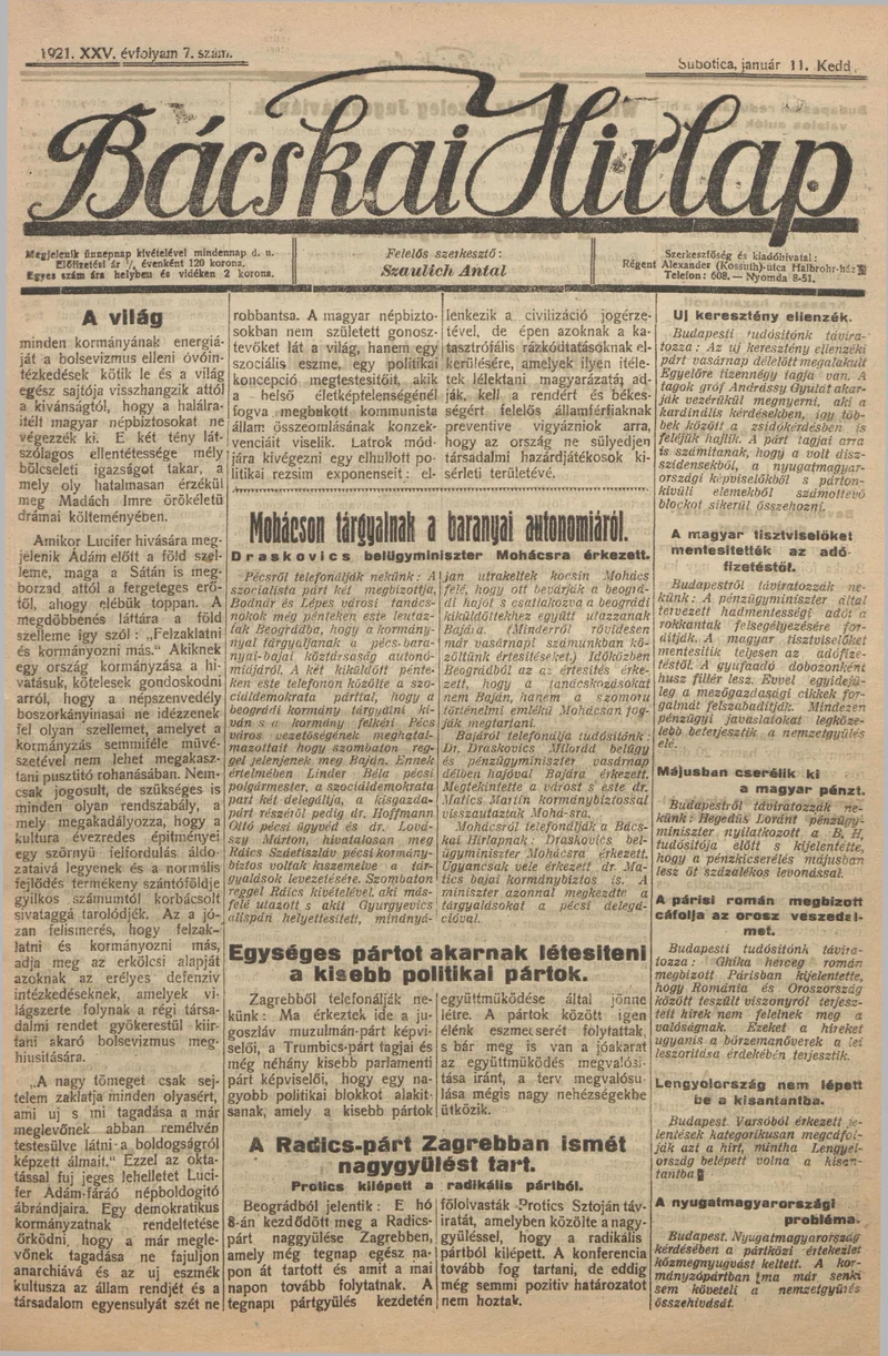 Bácskai Hirlap, 25. évf. 1921. január 11. 7. sz.