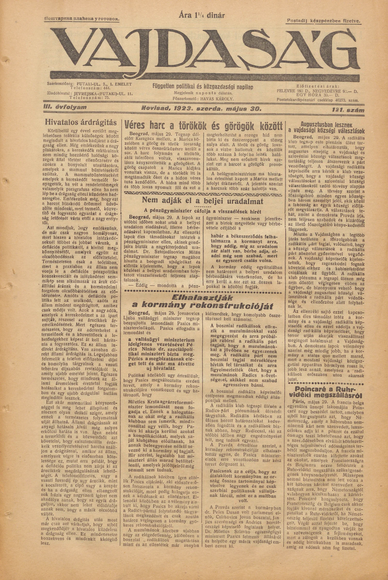 Vajdaság, 3. évf. 1923. május 30. 121. sz.