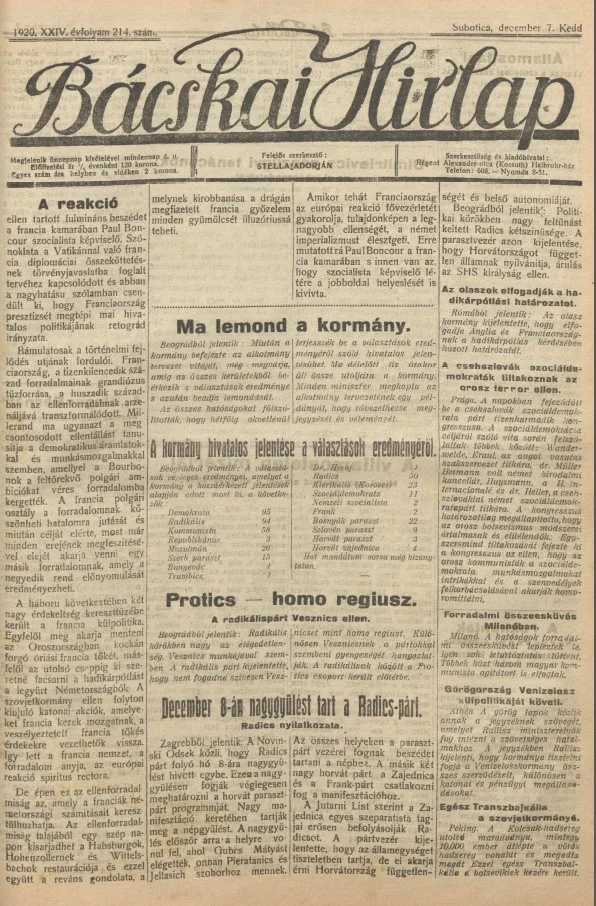 Bácskai Hirlap, 24. évf. 1920. december 7. 214. sz.