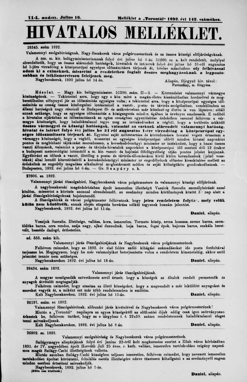 A Totontál  hivatalos melléklete, 5. évf. 1892. július 16. 114. sz.