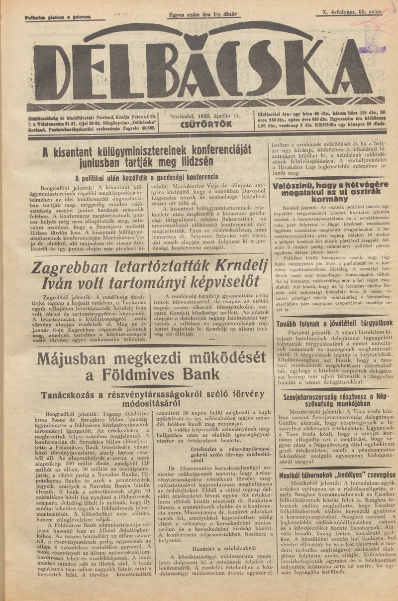 Délbácska, 10. évf. 1929. április 11. 85. sz.