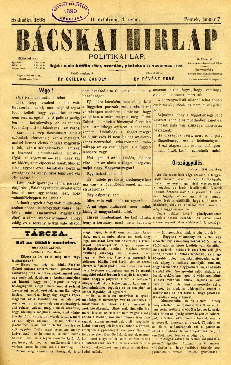 Bácskai Hirlap, 2. évf. 1898. január 7. 4. sz. 1–4. oldal