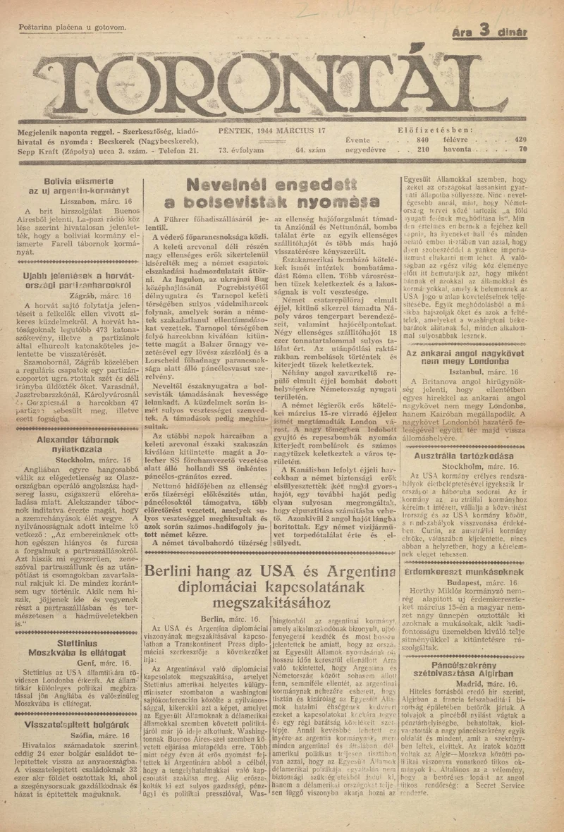 Torontál, 73. évf. 1944. március 17. 64. sz.