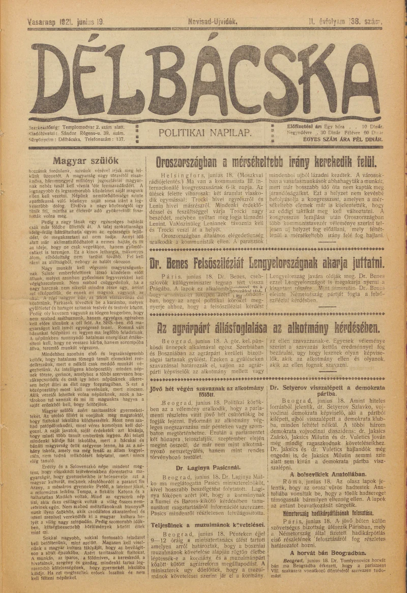 Délbácska, 2. évf. 1921. június 19. 138. sz.