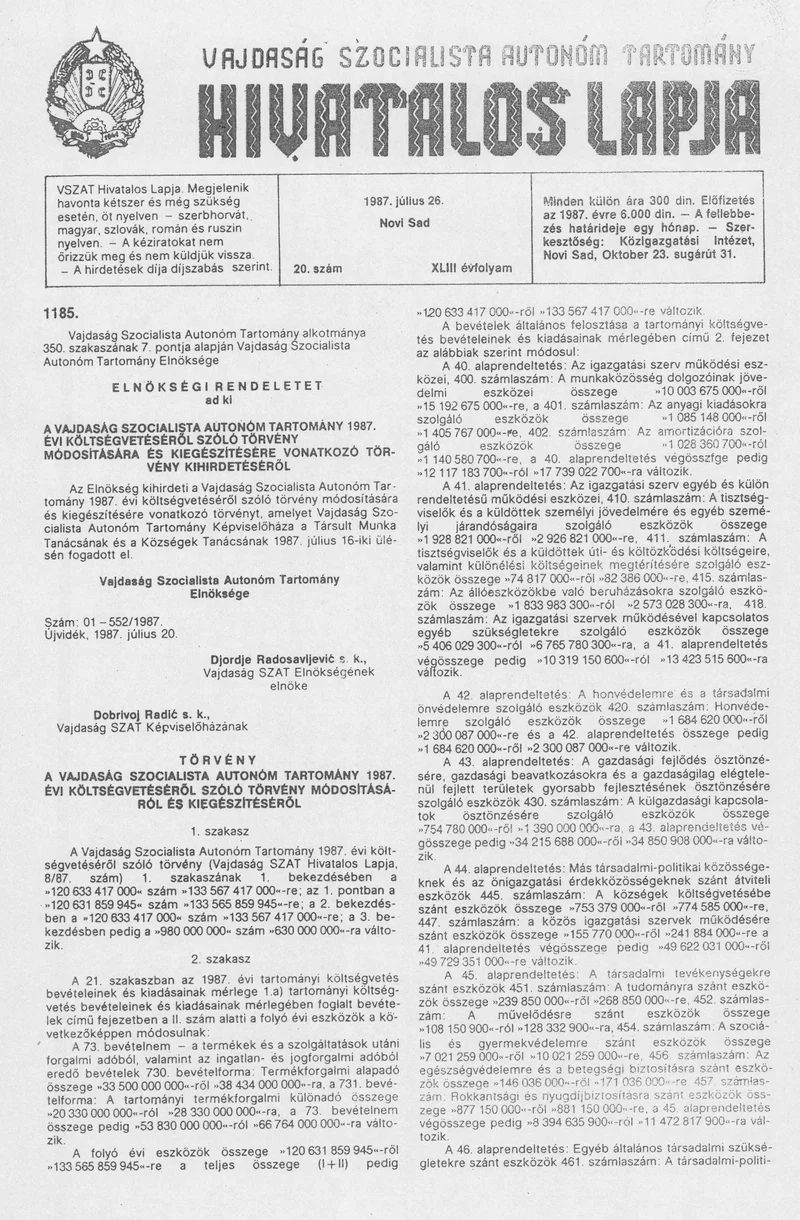 Vajdaság Szocialista Autonóm Tartomány Hivatalos Lapja, 43. évf. 1987. július 26. 20. sz.