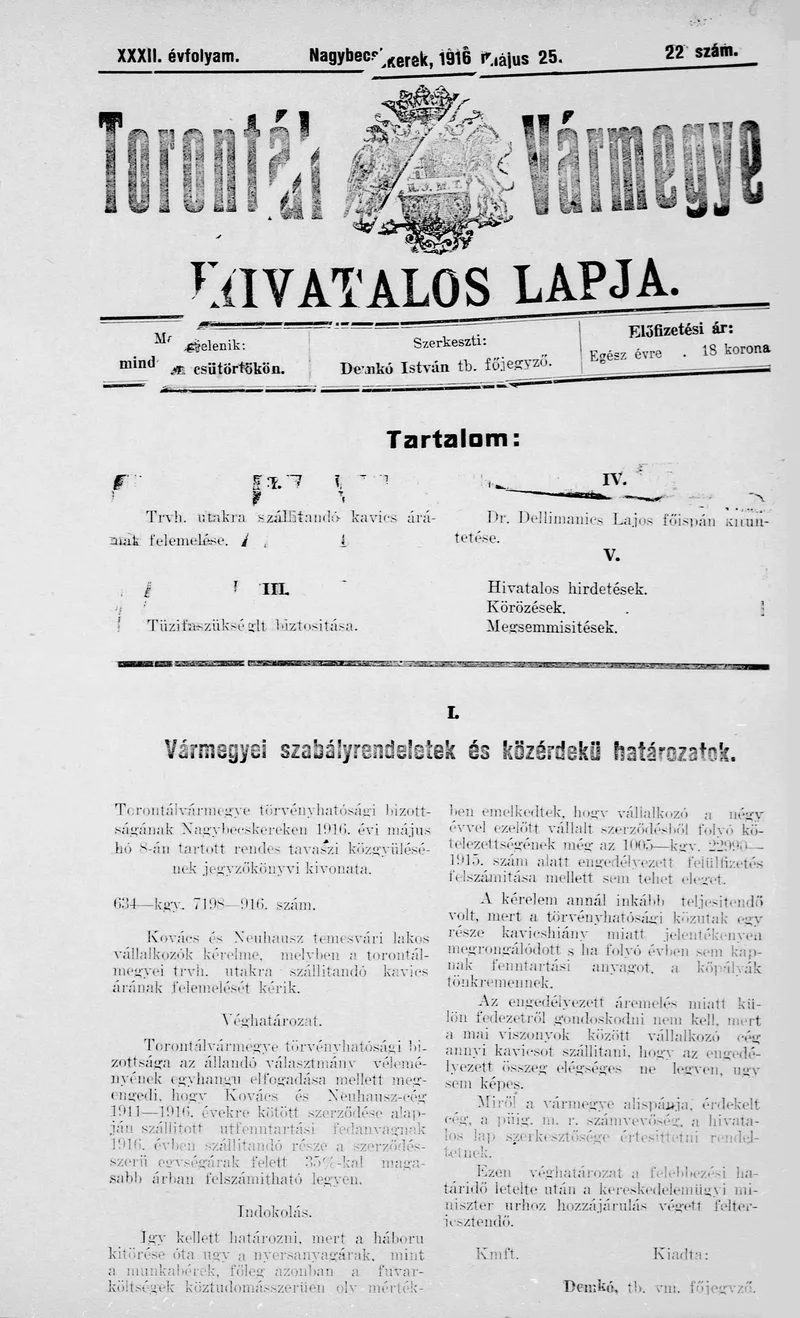 Torontál Vármegye Hivatalos Lapja, 32. évf. 1916. május 25. 22. sz.