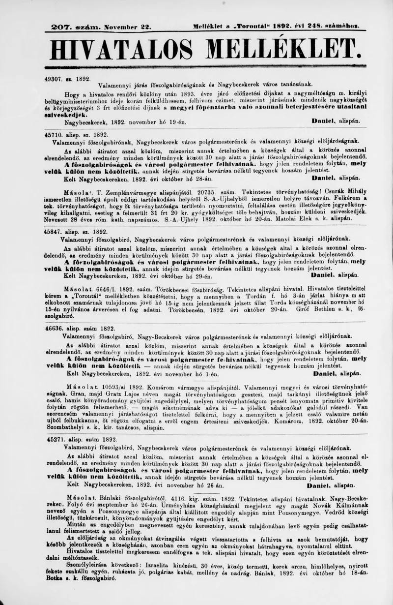 A Totontál  hivatalos melléklete, 5. évf. 1892. november 22. 207. sz.